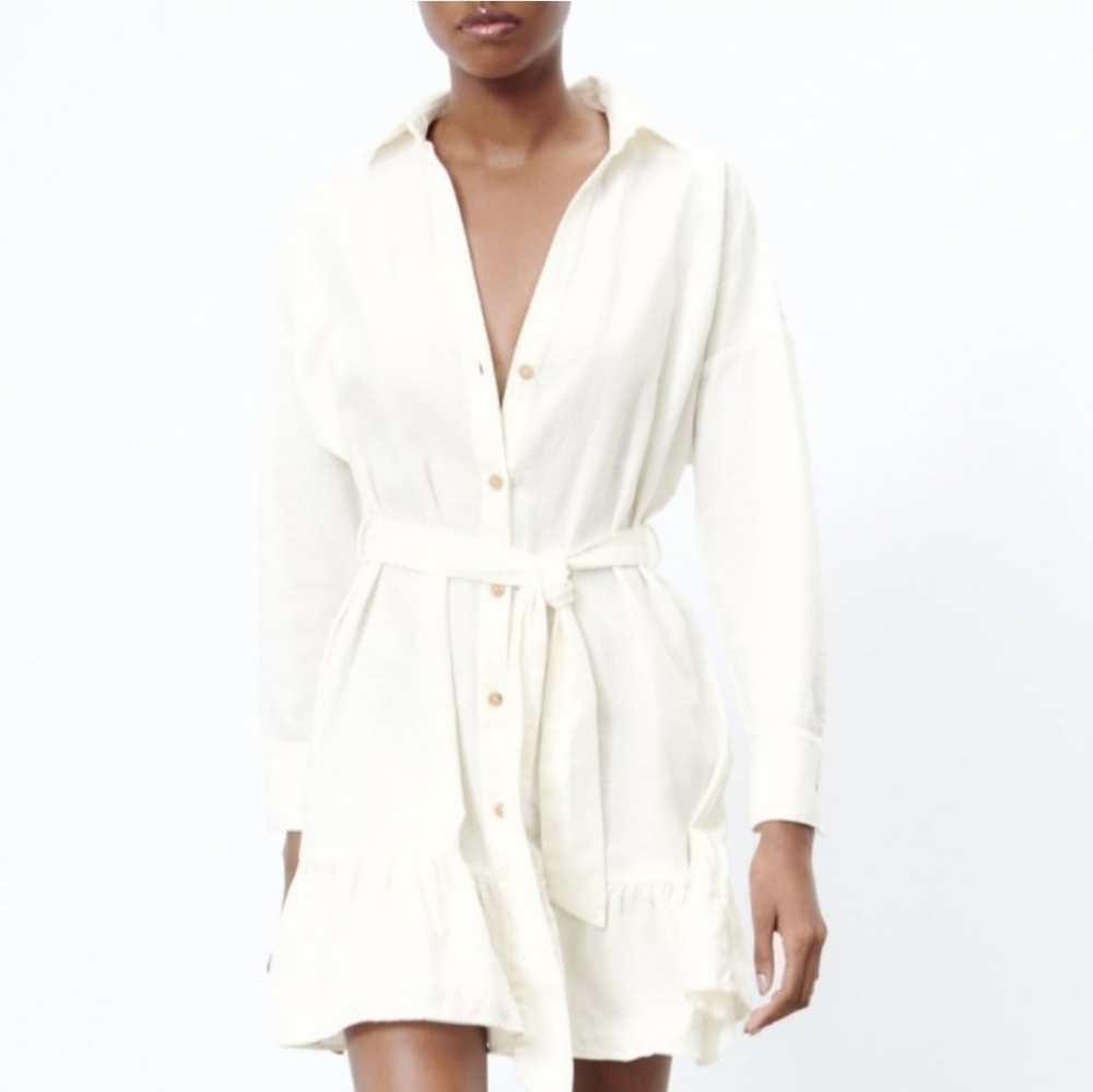 Zara White Linen Button-Front Shirt Dress